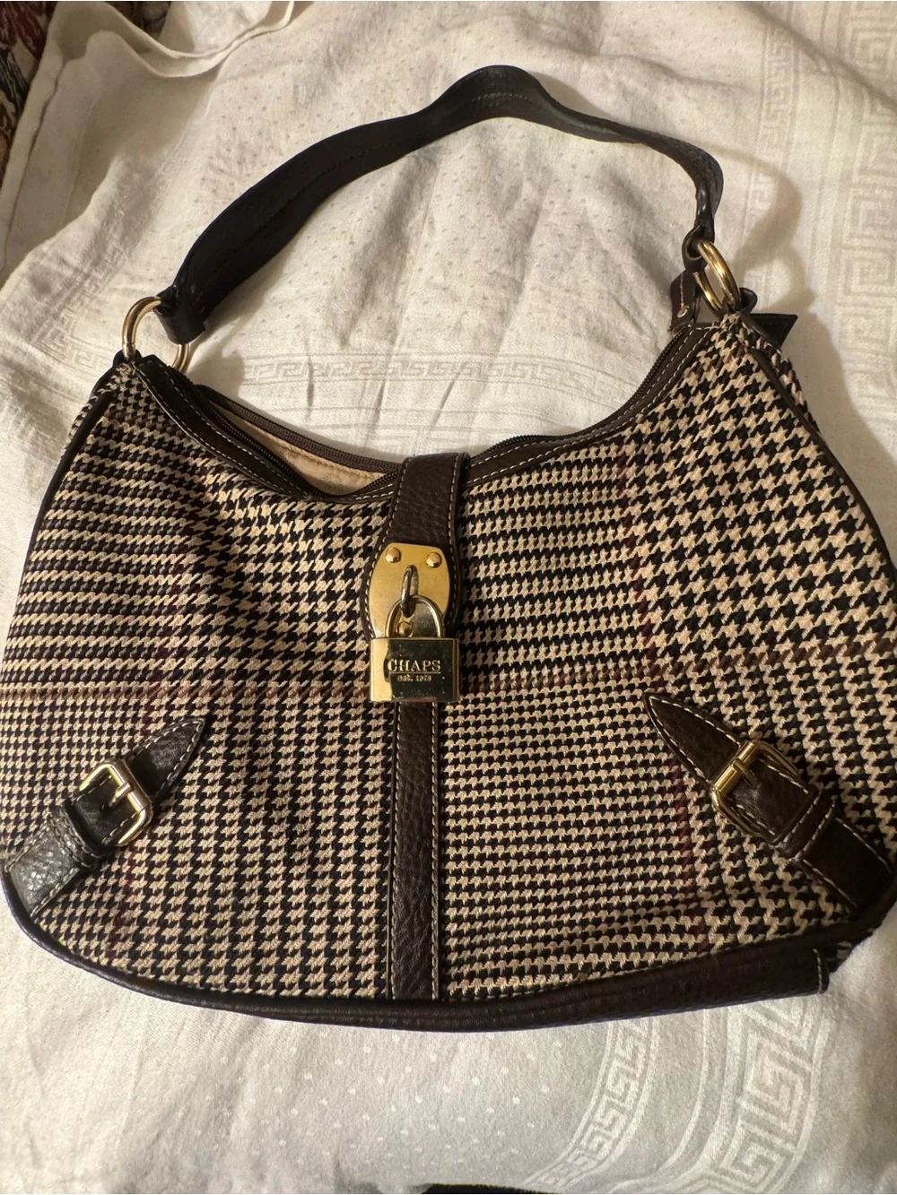 Chaps Brown & Beige Houndstooth Hobo with Gold Lock